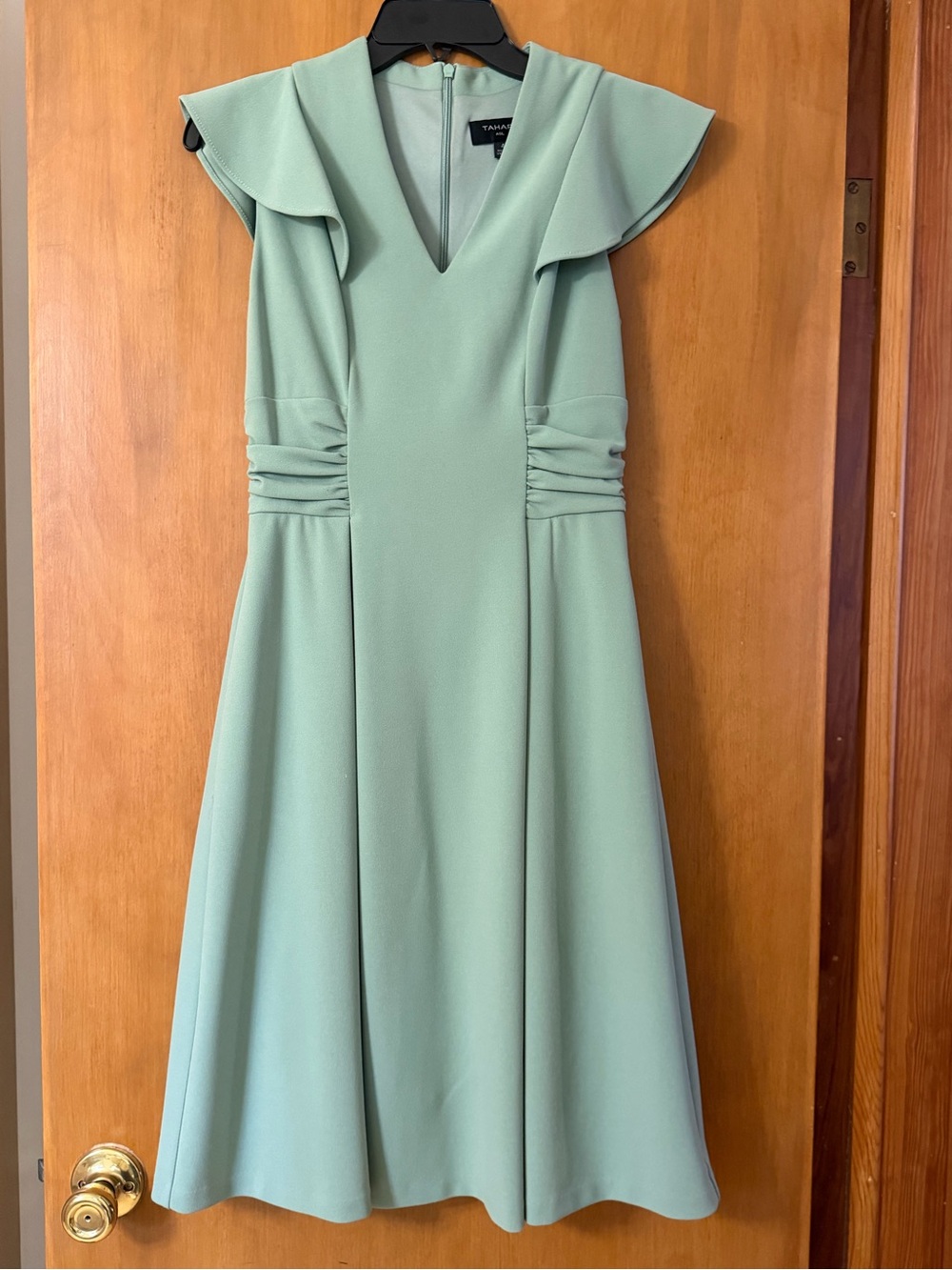 Tahari ASL Mint Green V-Neck Flutter Sleeve Midi Dress
